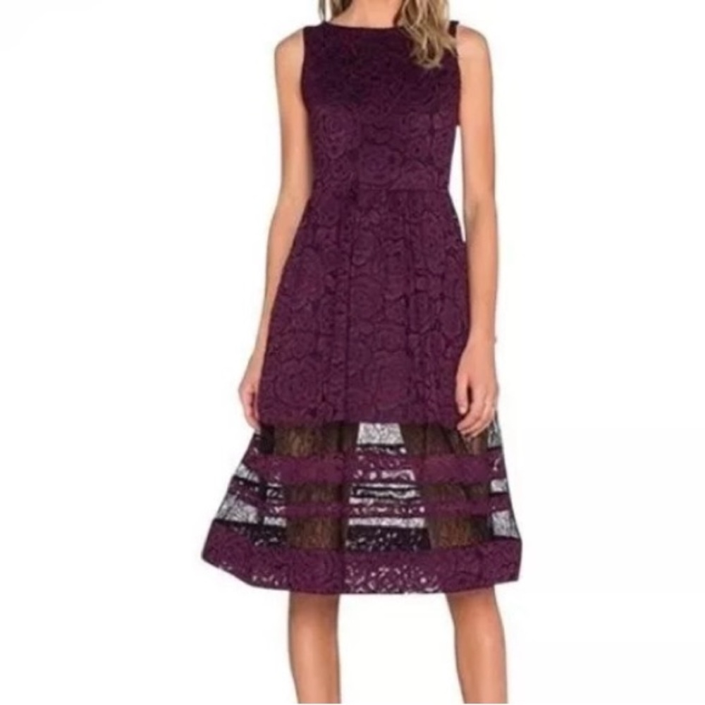 Alice + Olivia Odelia Sleeveless Lace Midi Fit & Flare Dress Eggplant Size 2 (XS